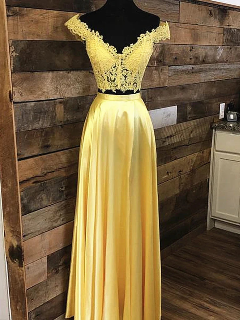 Two Pieces A Line Lace Off Shoulder Long Prom Dresses Formal Evening Dresses